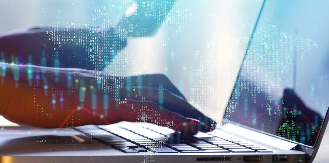Side View Of Female Hands Using Laptop With Forex Chart And Cred Side view of female hands using laptop with forex chart and credit card. Digital trade and banking concept. Double exposure