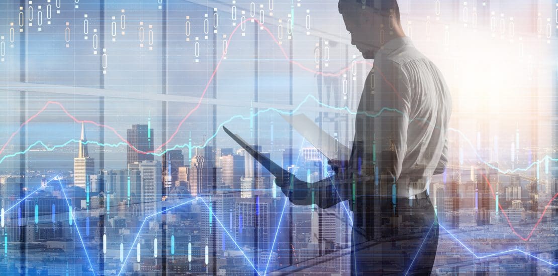 Side View Of Attractive Young European Man On City Background Wi Side view of attractive young european man on city background with forex chart. Finance and trade concept. Double exposure